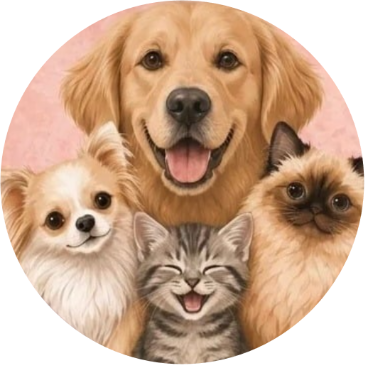 A group of four pets: a golden retriever dog, a light-colored Chihuahua, a gray tabby cat, and a Himalayan cat, all smiling together.