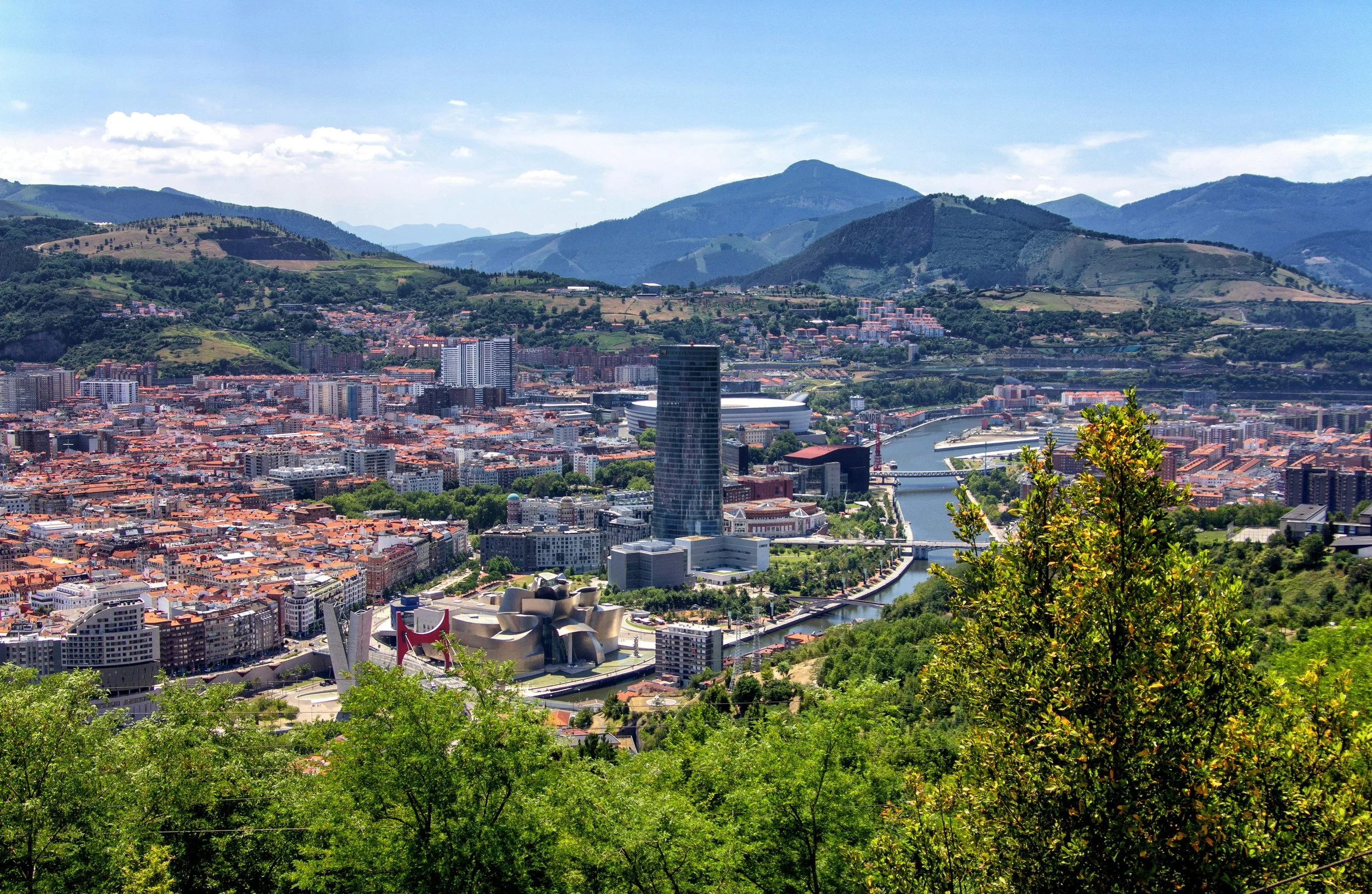 View of Downtown Bilbao from above. You can see the river winding through the town and surrounded by lush greenery.