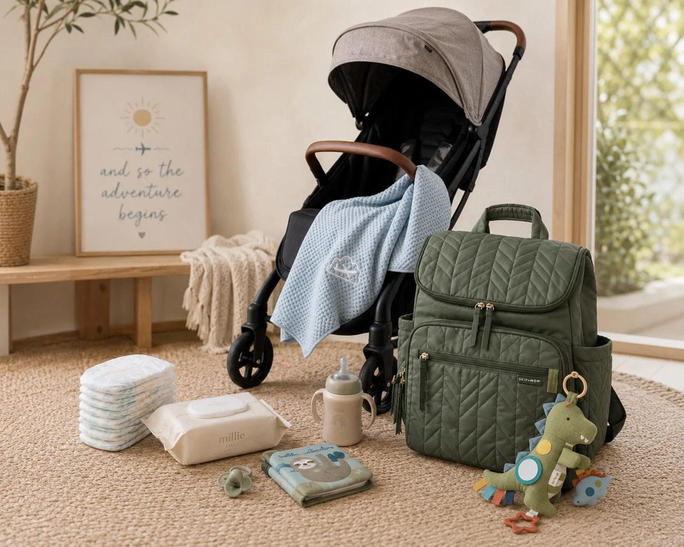 Baby’s first flight packing essentials with travel stroller, olive green diaper bag, baby blanket, diapers, wipes, bottle, pacifier, soft toy and activity book.