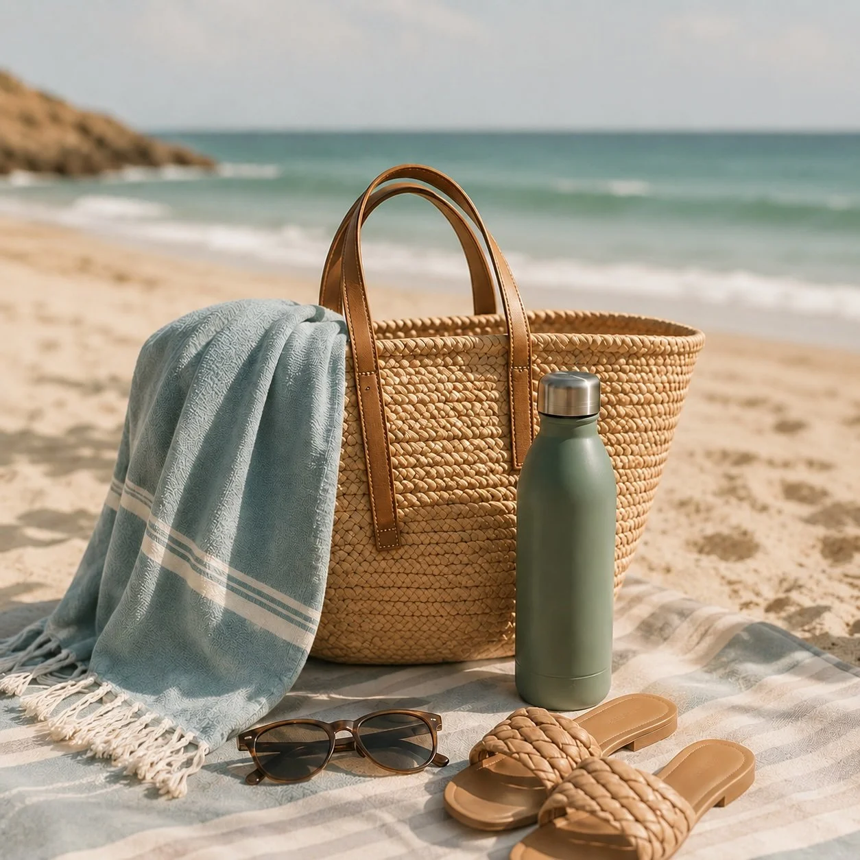 a straw beach bag with beach essentials laying on a blanket on the beach