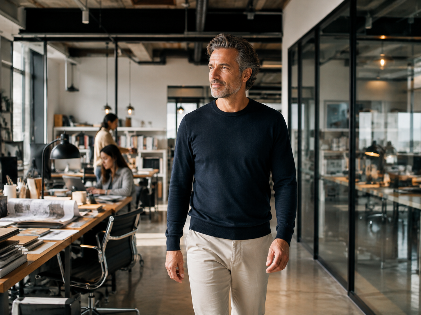 A middle-aged man with gray hair and a beard walking through a modern, open-plan office space. He is wearing a dark sweater and light-colored pants, looking thoughtfully to the side. In the background, two women are working at desks, surrounded by books, papers, and office supplies, with large windows and glass walls around the office.