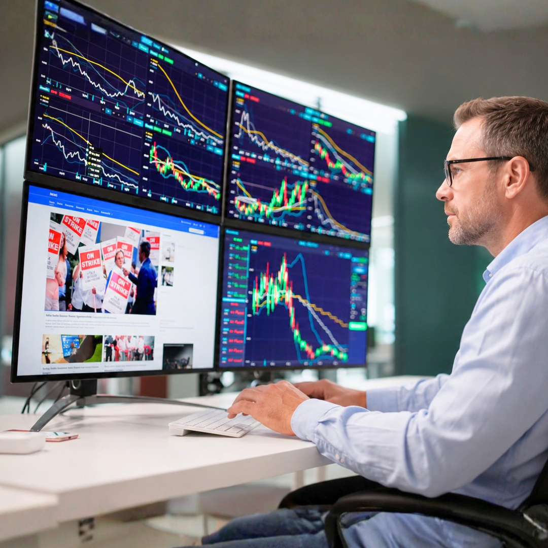 Man with glasses working at a desk with four monitors displaying stock charts and news headlines.