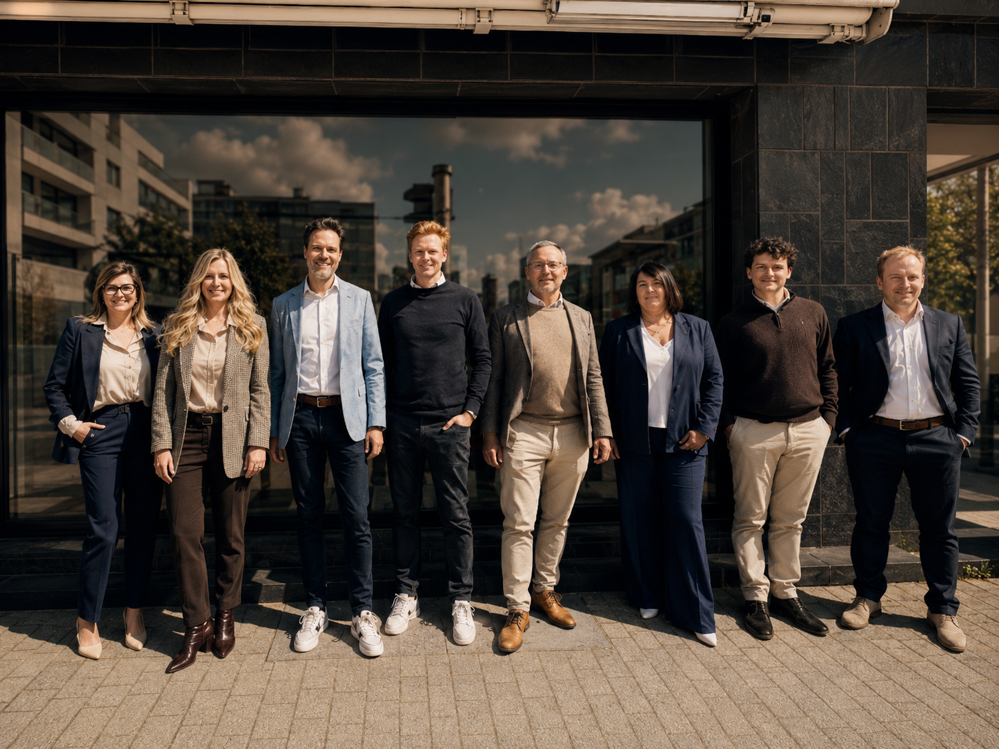 Group of eight diverse professionals standing outdoors in front of a modern building with reflective windows, dressed in business casual attire, smiling at the camera.