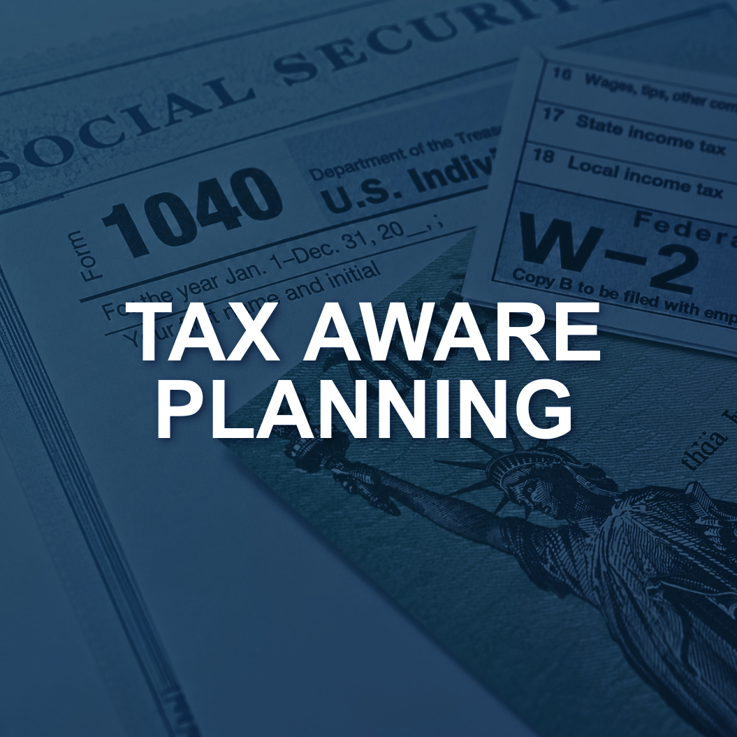 Background image of tax forms with the text 'TAX AWARE PLANNING' overlayed.