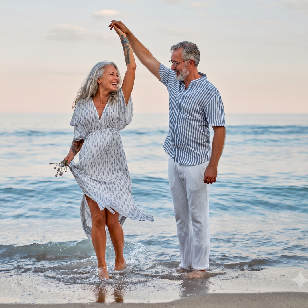 An elderly couple dancing on the beach, smiling and holding hands, during sunset with the ocean in the background.