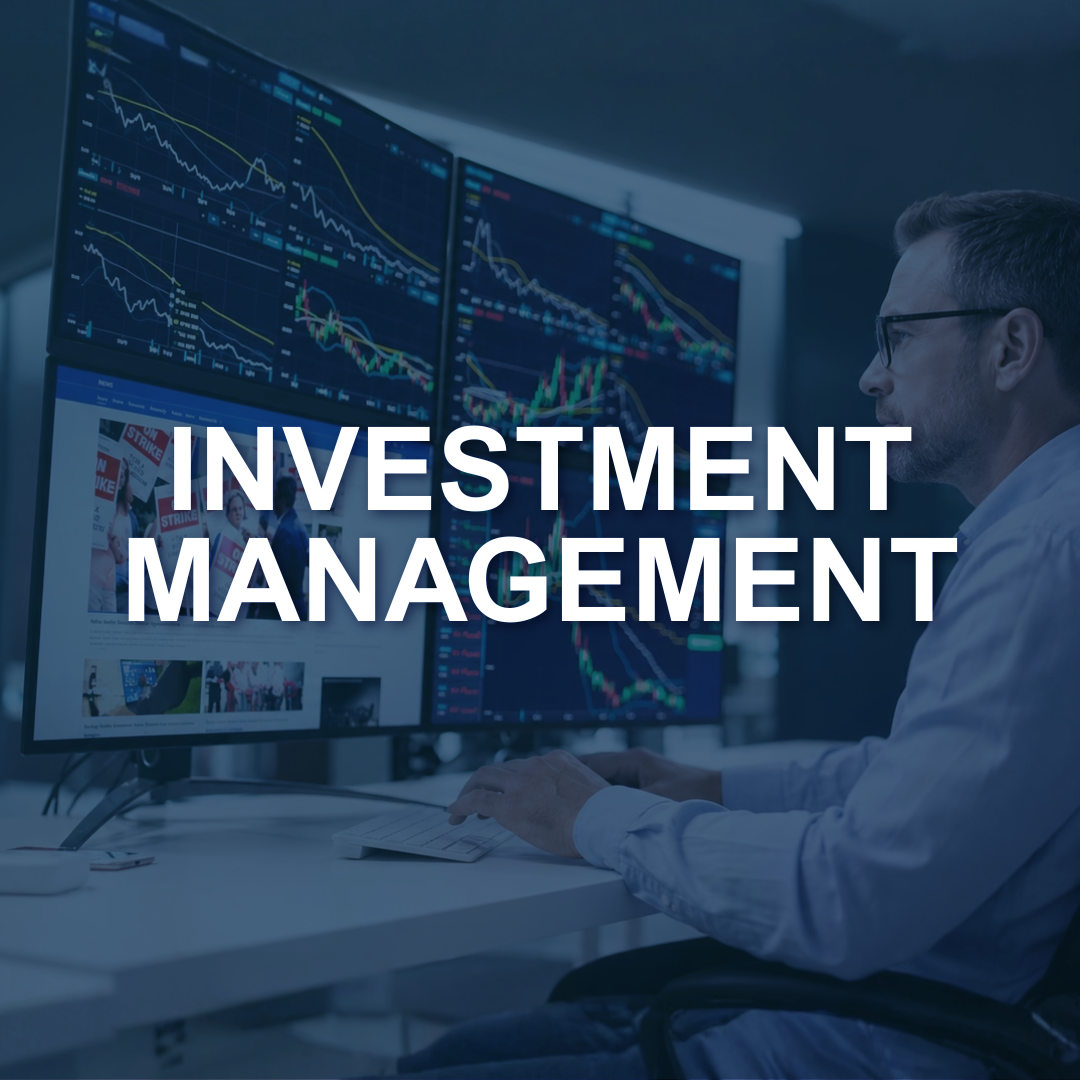 A man wearing glasses working on a computer with multiple monitors displaying stock charts and financial news, with the text 'Investment Management' overlayed.