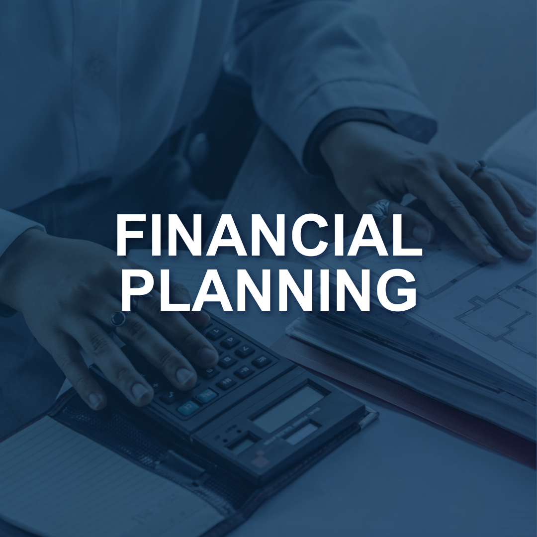 A person using a calculator with financial documents and blueprints on a desk, overlaid with the text 'Financial Planning'.
