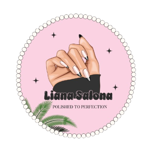Logo featuring a hand with manicured nails surrounded by a circular border of pearls, pink background with small star accents, and text that reads "Liana Salona" and "Polished to Perfection."