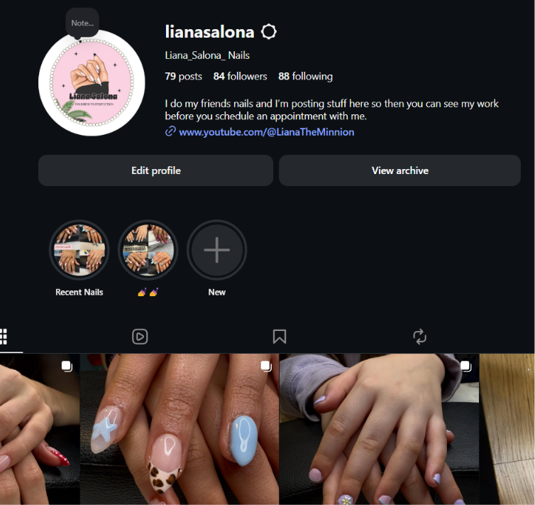 Close-up of manicured nails featuring various designs, including hearts and animal print patterns, and a child's hands with painted nails resting on a black surface.