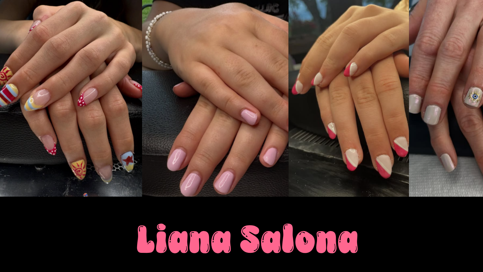 Four images of hands showcasing different manicures, with the text 'Lima Salón' written in pink below the images.