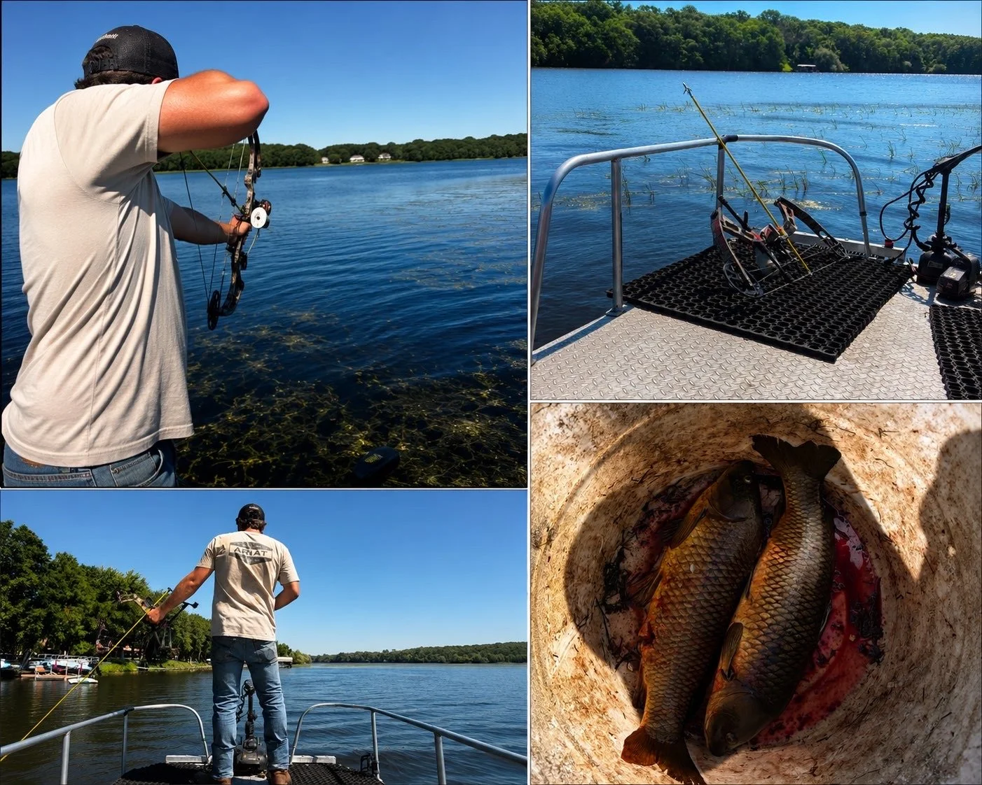 A collage of four photos showing a man fishing on a boat in a lake. The top left shows the man casting a fishing line, the top right shows fishing equipment on the boat, the bottom left shows him standing at the back of the boat with a fishing rod, and the bottom right shows two fish caught in a bucket.