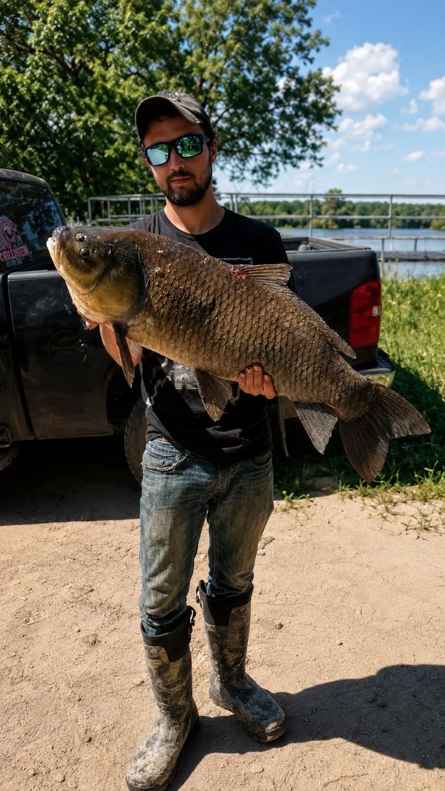 Man holding a large fish near a river with trees and a bridge in the background.