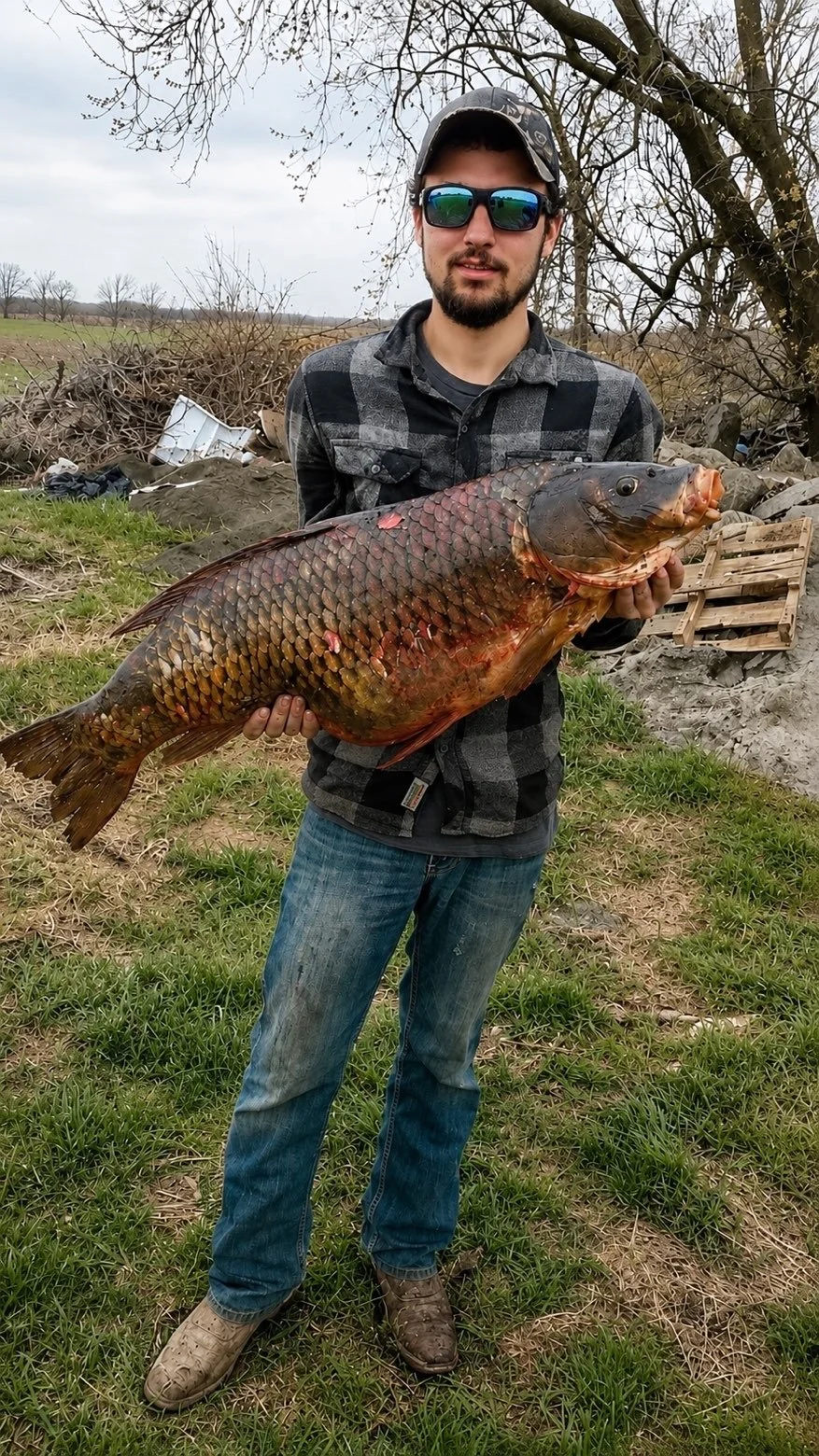 A man wearing sunglasses, a cap, a black and gray plaid shirt, and jeans stands on grass holding a large fish with reddish, brown, and black scales. The background shows a muddy area with some debris and leafless trees.