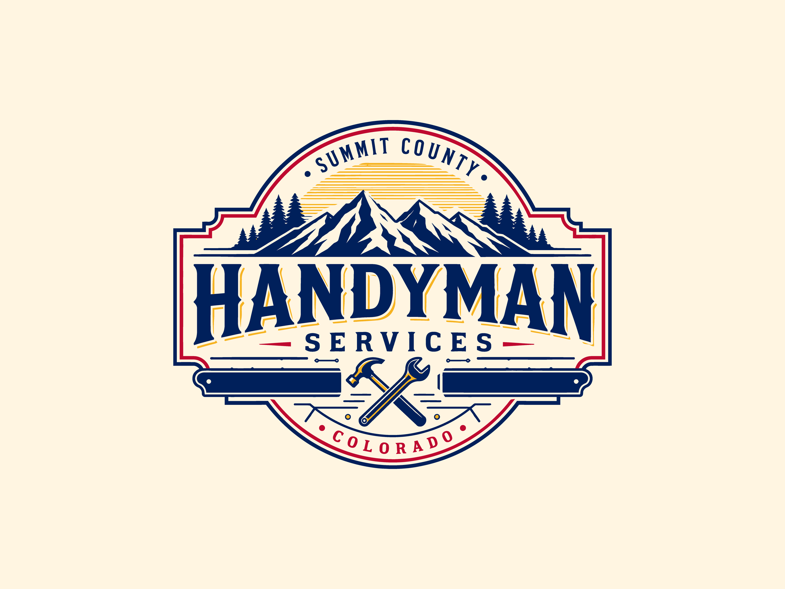 Logo for HandyMan Service in Colorado featuring mountains, trees, sun, and tools.