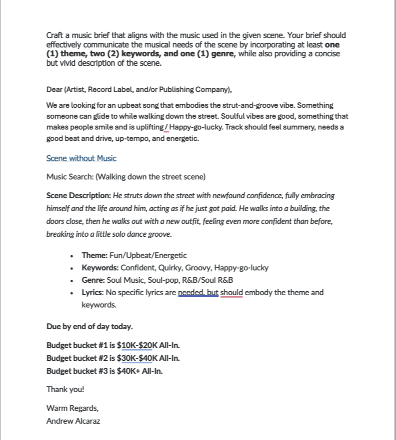 Music Supervision: Drafting a brief email