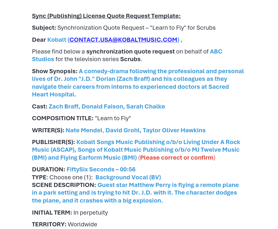 Music Supervision: Sync License Request - "Learn to Fly" for Scrubs