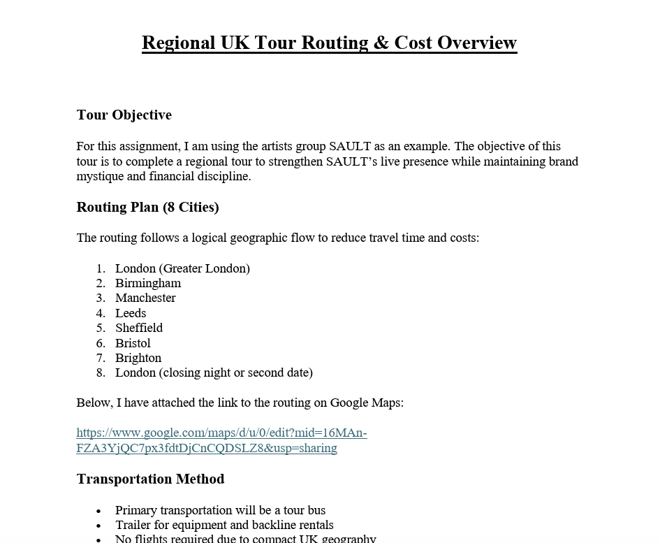 Regional Tour Routing & Cost Drafting 