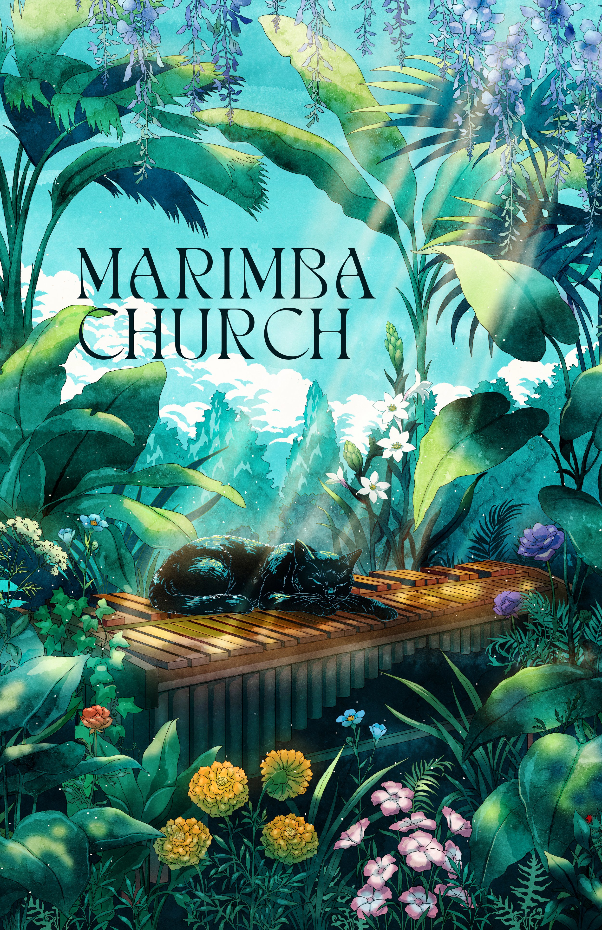 A colorful artistic illustration of a lush garden scene with large green leaves, various flowers, and a black cat sleeping on a wooden bridge, with the words 'Marimba Church' overlaid.