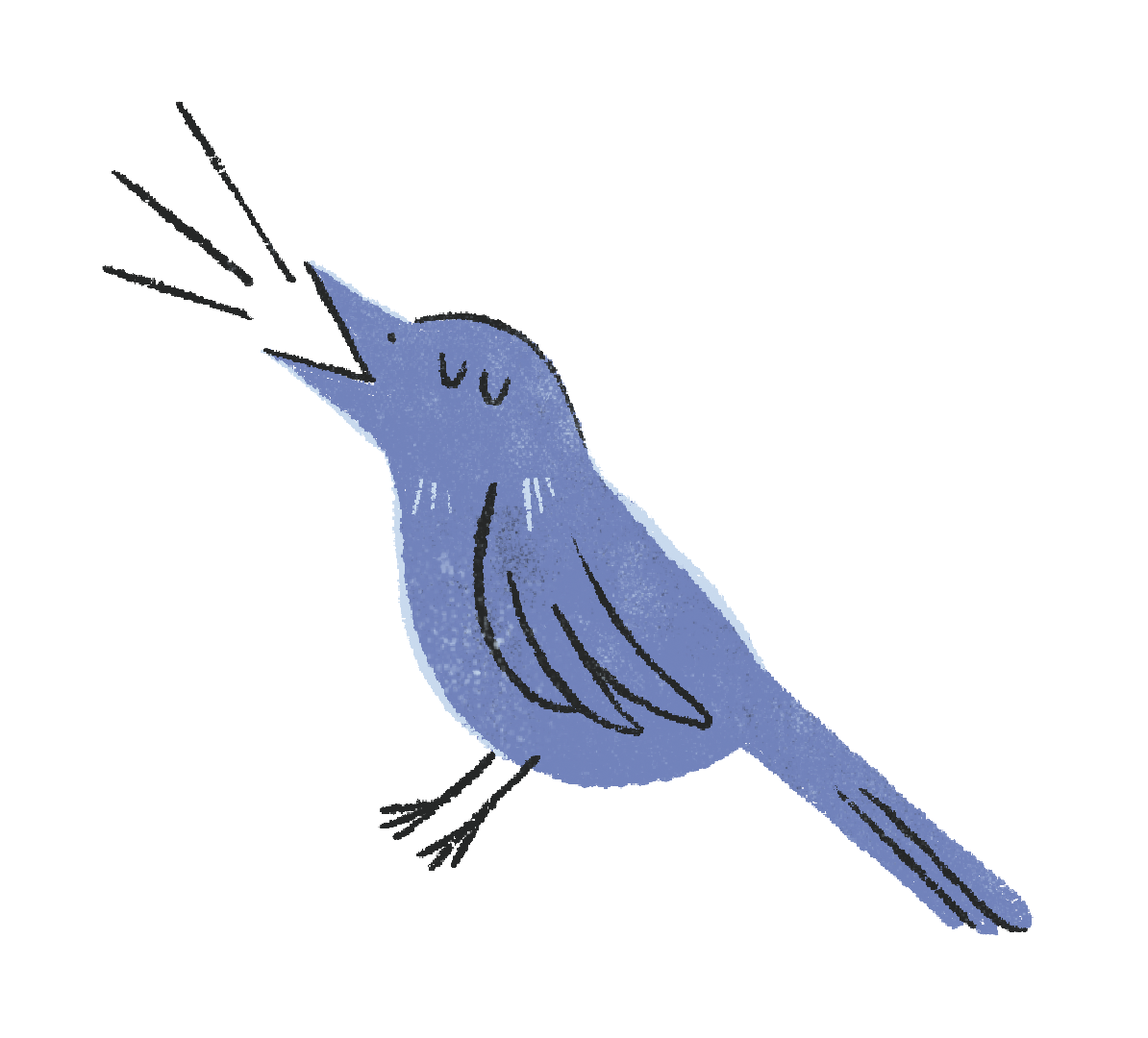 A blue illustration of a bird, possibly a warbler, singing or calling with an open beak, facing left.