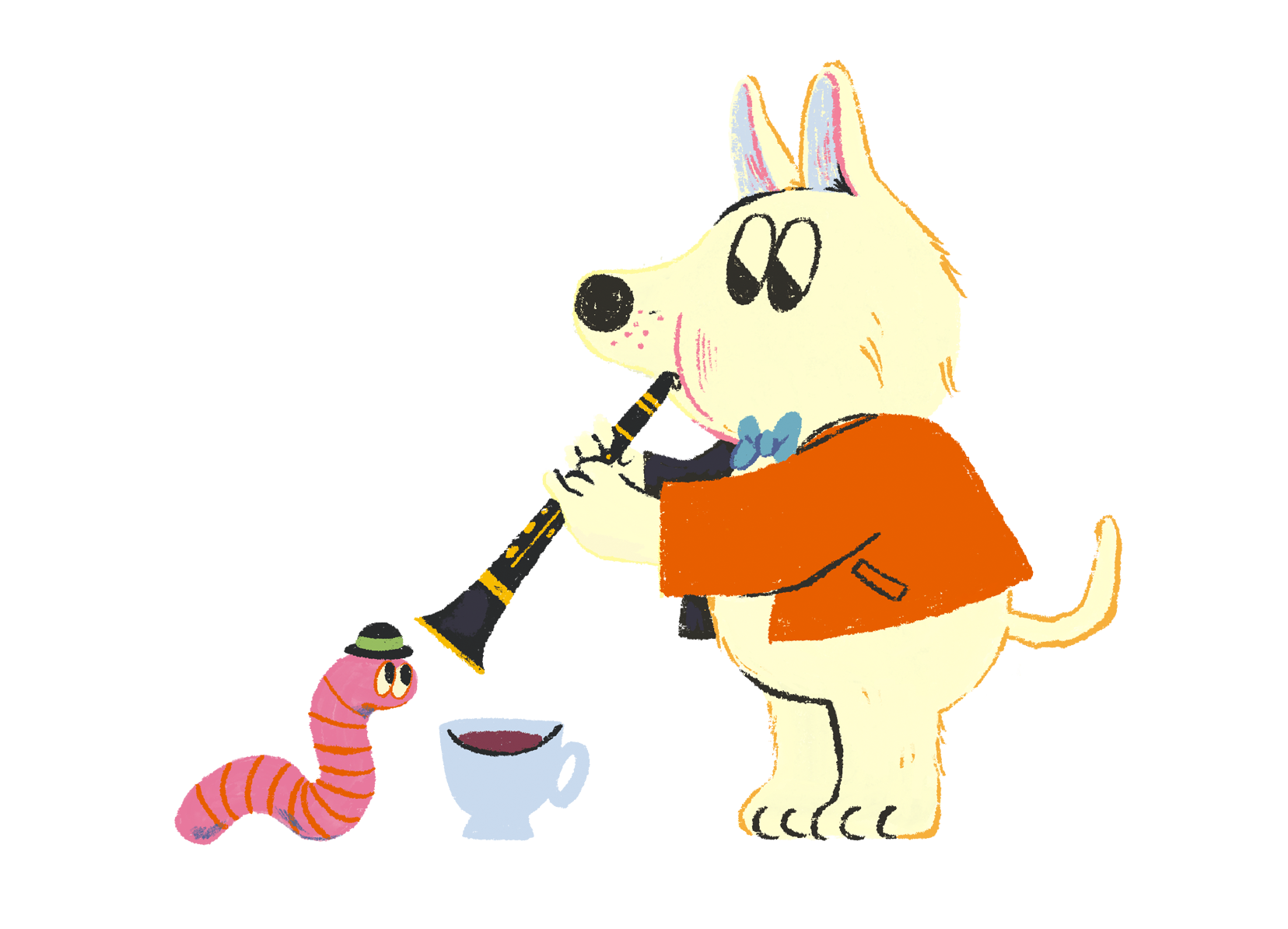 Cartoon illustration of a white dog with pointy ears, wearing glasses, a blue bow tie, and an orange jacket, standing at a table and holding a cup of coffee or tea. On the table, there are pink and blue boxes, a sandwich with a face, and a small pink snail.