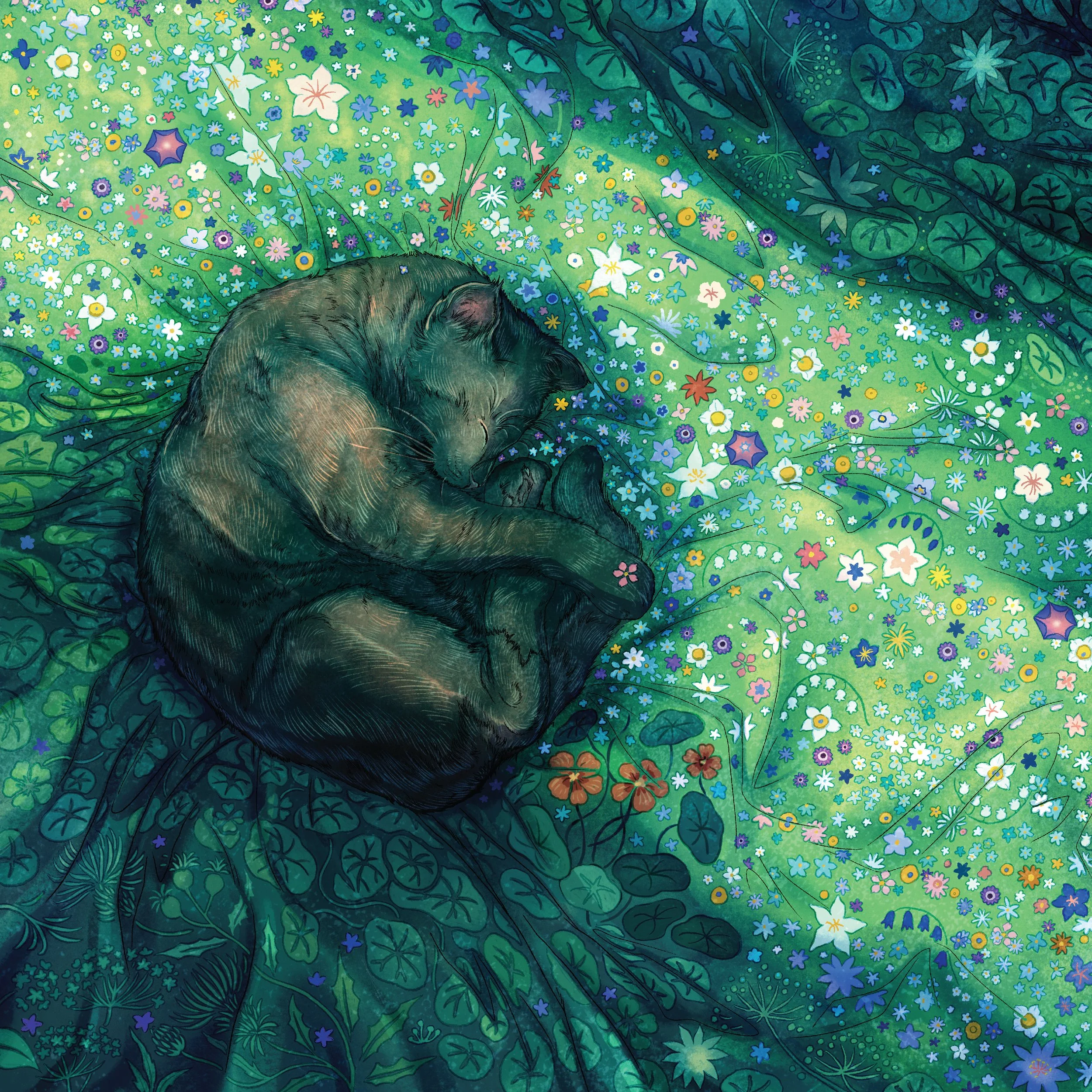 A sleeping cat is lying on a bed of vibrant, colorful flowers in various shades of yellow, pink, purple, white, and blue, with green leaves and foliage in the background.