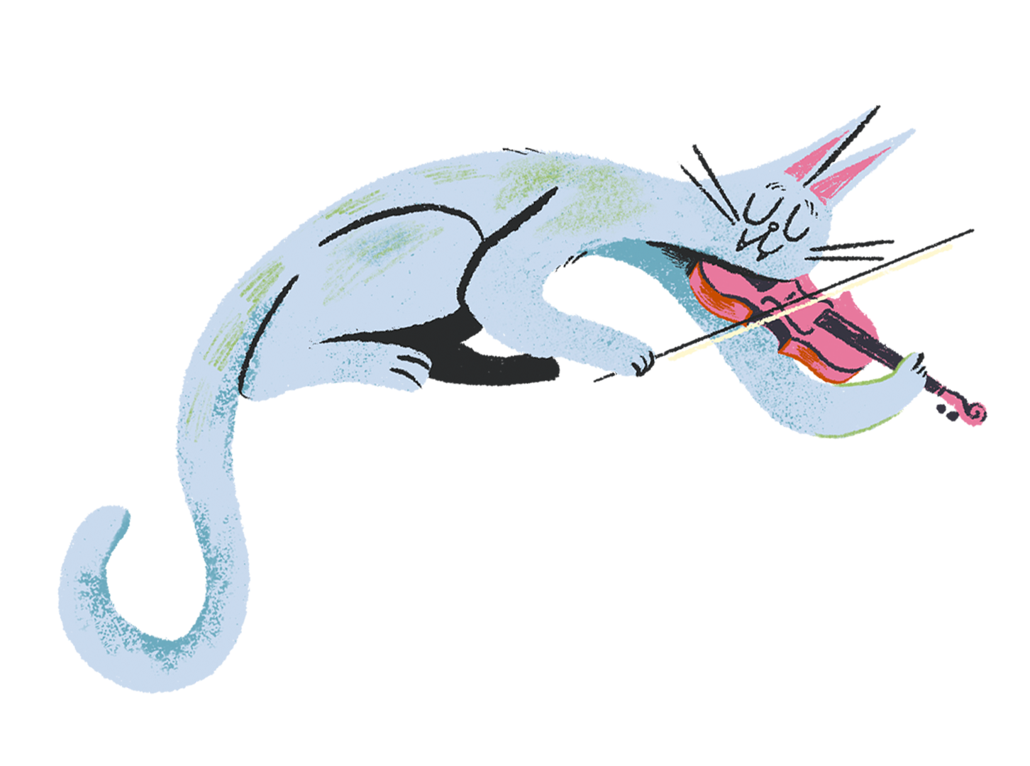 Illustration of a cat with a pastel purple coat, pink ears, playing a violin.
