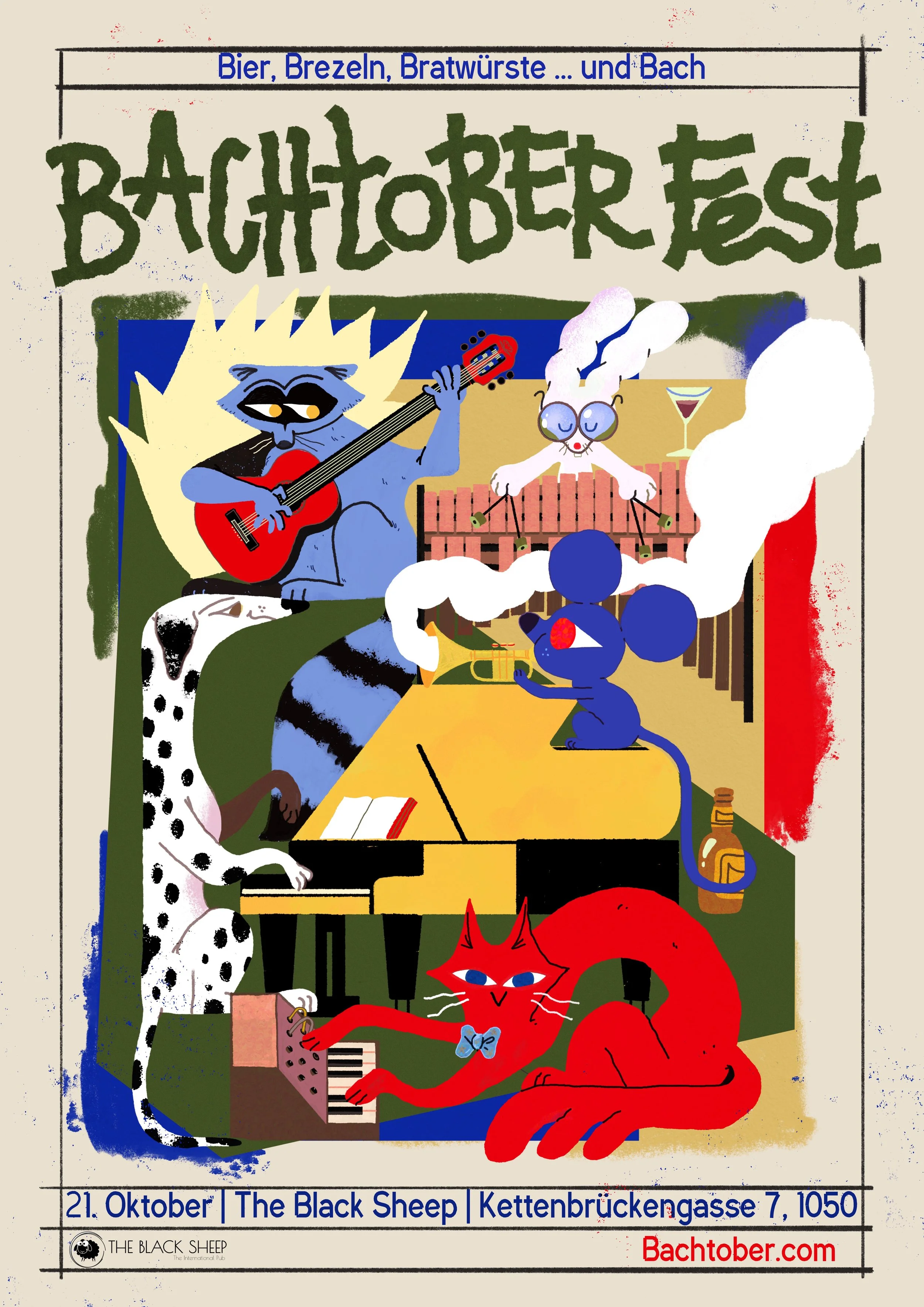 A colorful illustrated poster advertising Bachtoberfest at The Black Sheep club, featuring cartoon animals playing musical instruments and drinking, with event date October 21 and venue details in Berlin, Germany.
