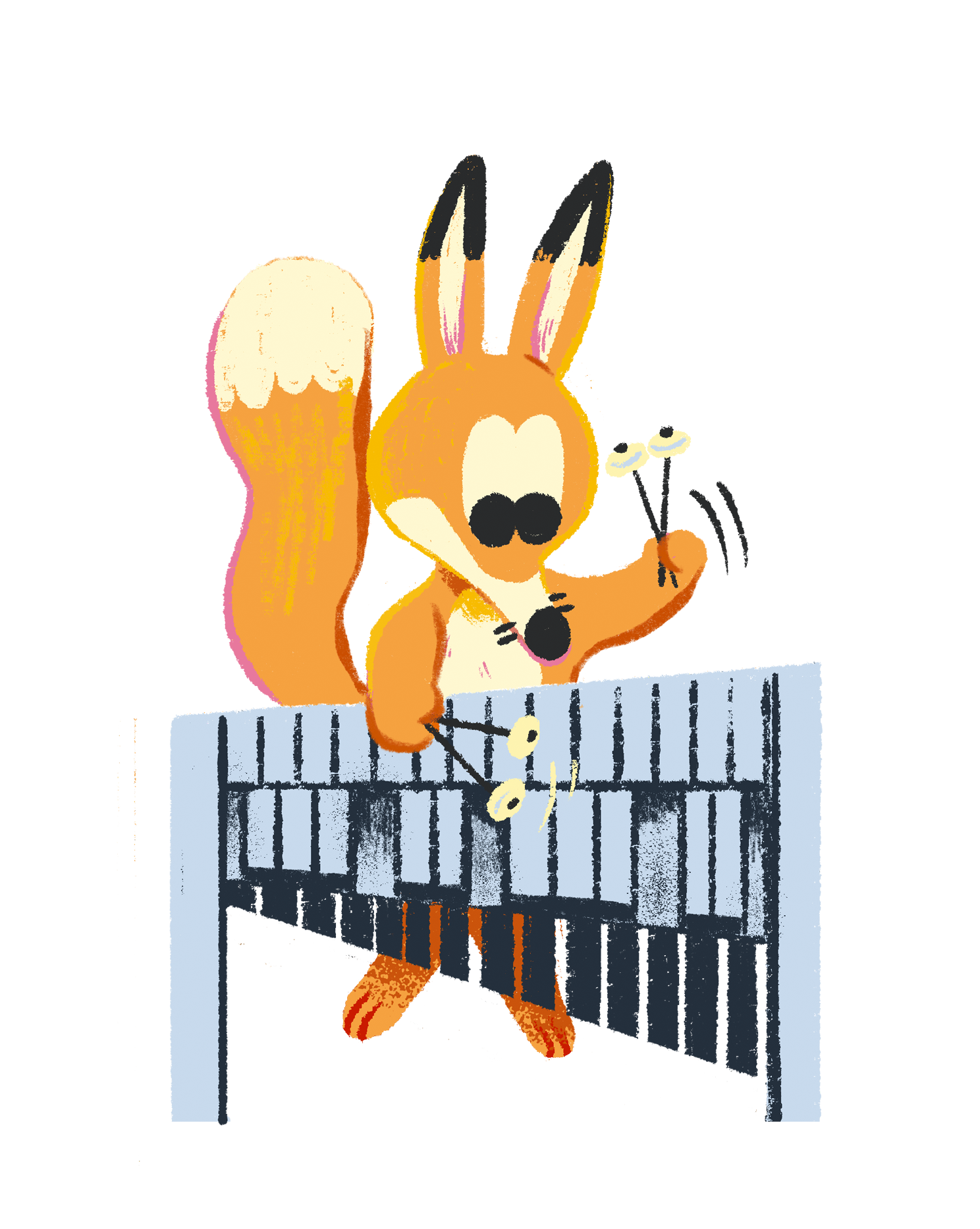 Cartoon illustration of a fox with bunny ears and tail playing the vibraphone.