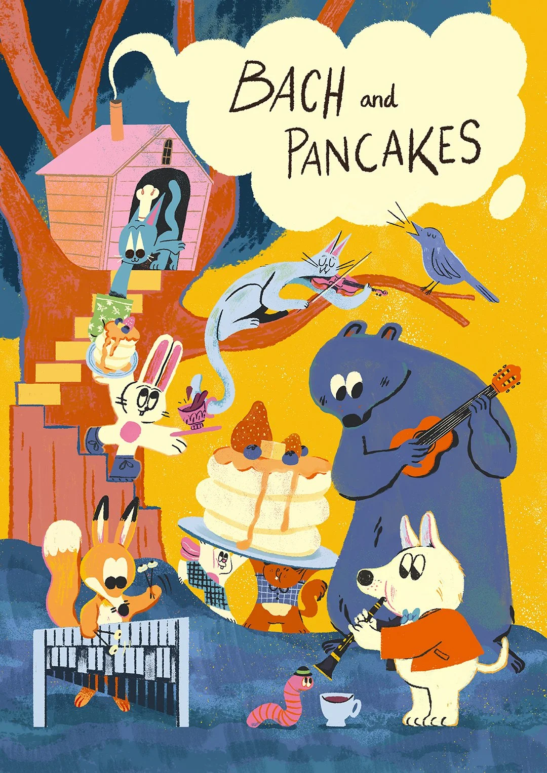 Colorful illustrated scene with various animals playing musical instruments and enjoying a feast around a cake, with a squirrel playing the guitar, a bear singing, a rabbit holding a plate of food, and other animals celebrating.