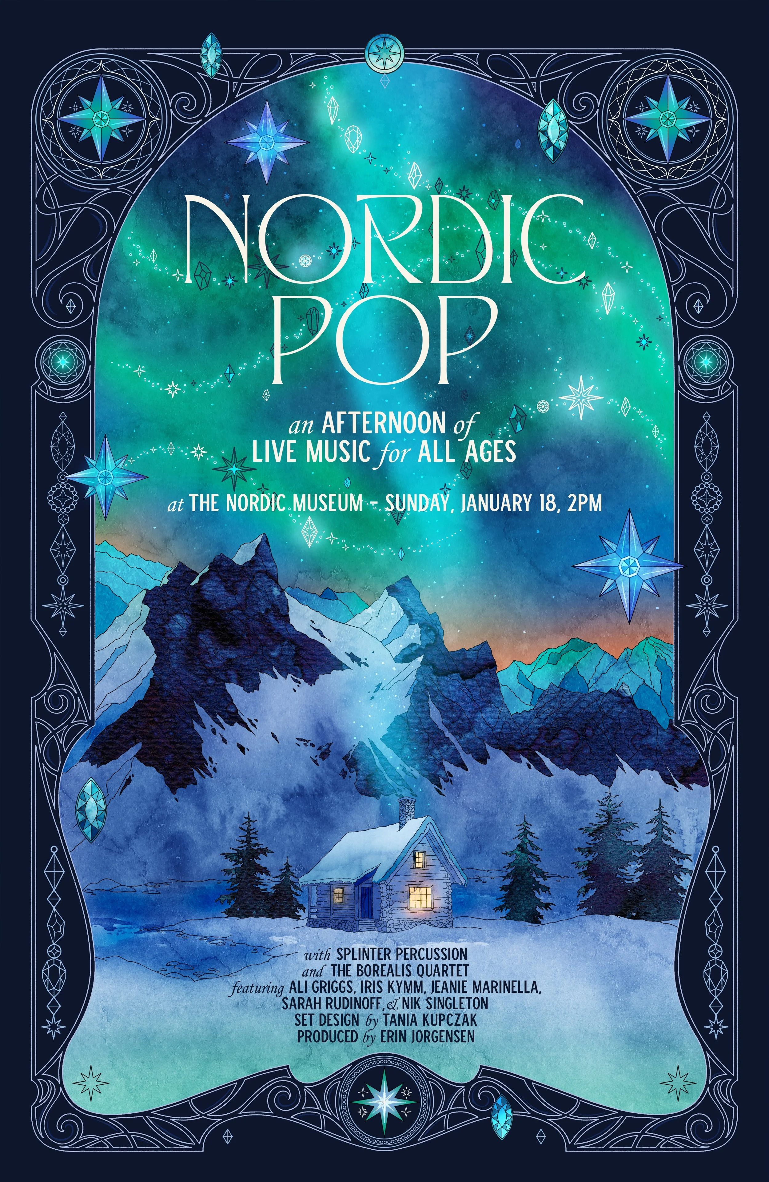A poster for a Nordic Pop concert happening at the Nordic Museum on Sunday, January 18 at 2 PM. The poster has a winter mountain scene with a cozy cabin, surrounded by pine trees, set against a colorful starry sky with northern lights. The design includes decorative borders with star and gemstone motifs.