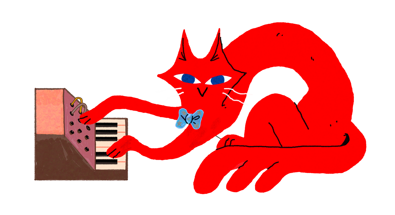 A red cartoon cat with blue eyes and a blue bow tie playing a keyboard. The cat is lying down and appears relaxed.