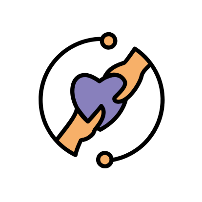 Illustration of two hands holding a purple heart, with circular motion lines around them.