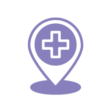 Medical location icon with a plus sign inside a map marker symbol.