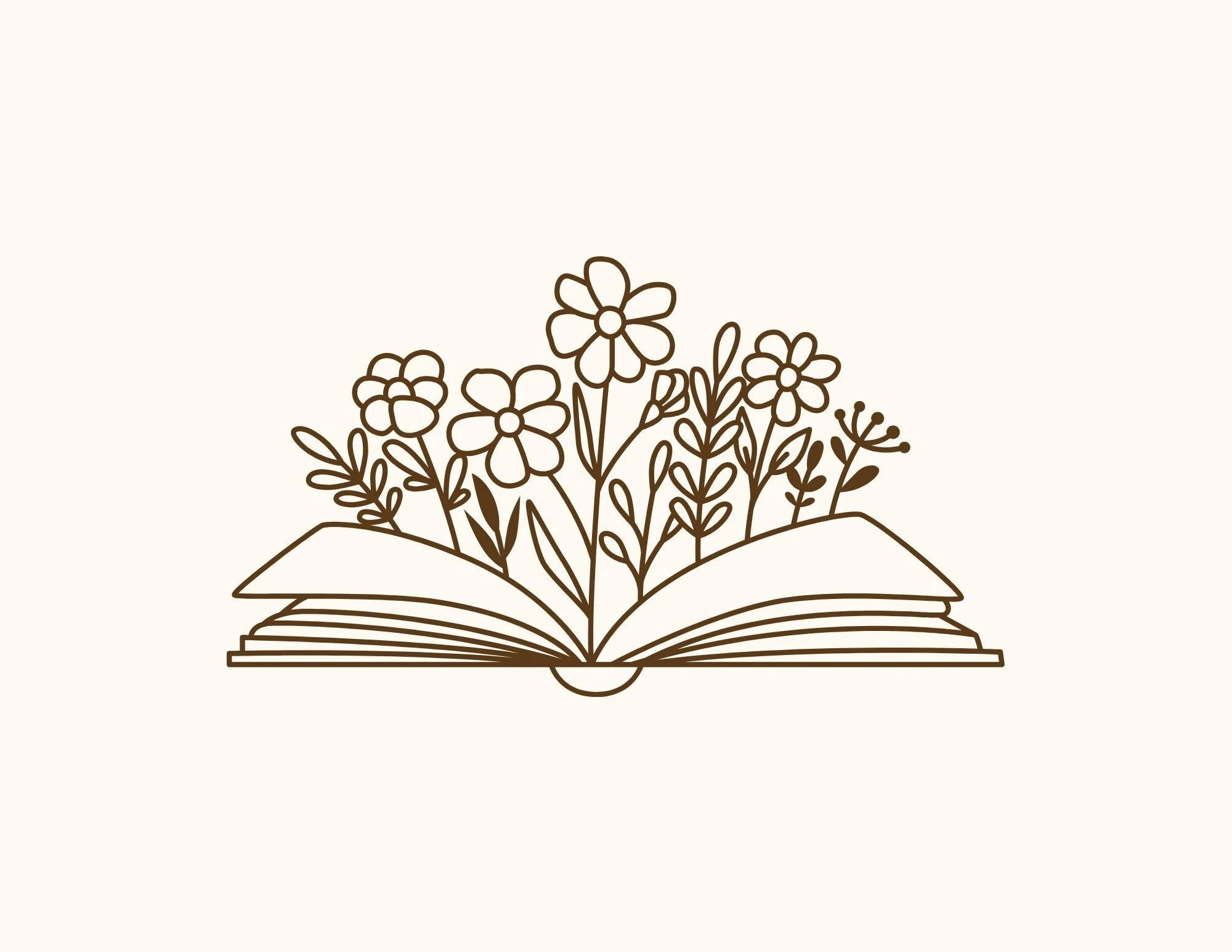 Outline drawing of an open book with flowers growing from its pages.