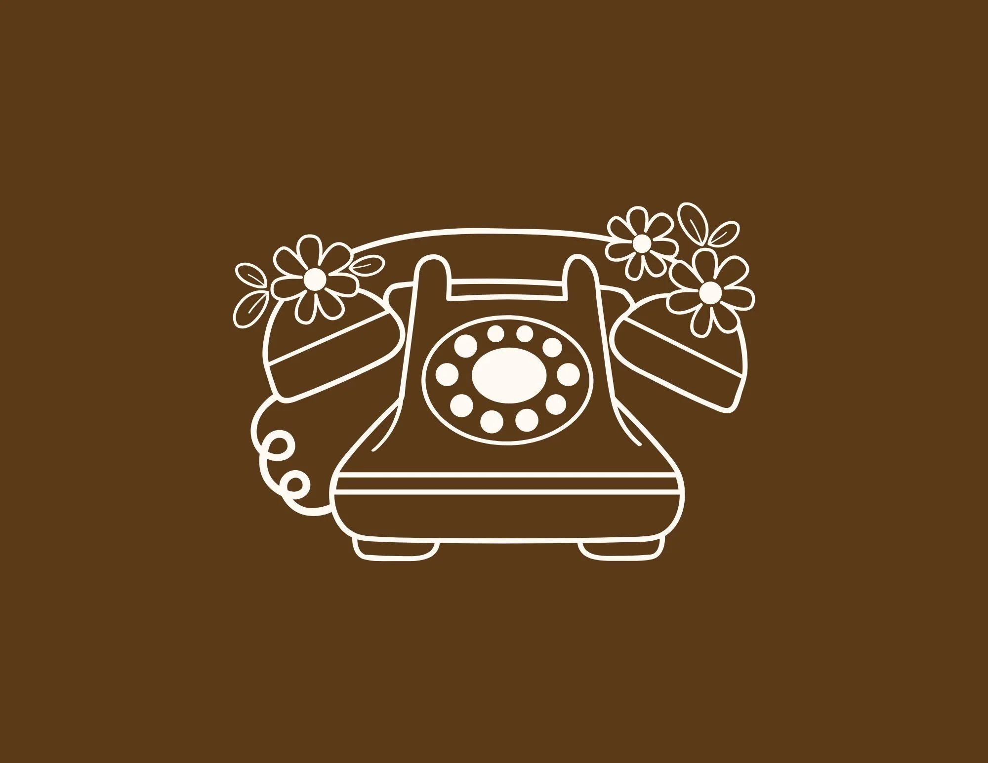 Outline drawing of a vintage rotary phone with flowers on top, set against a brown background.
