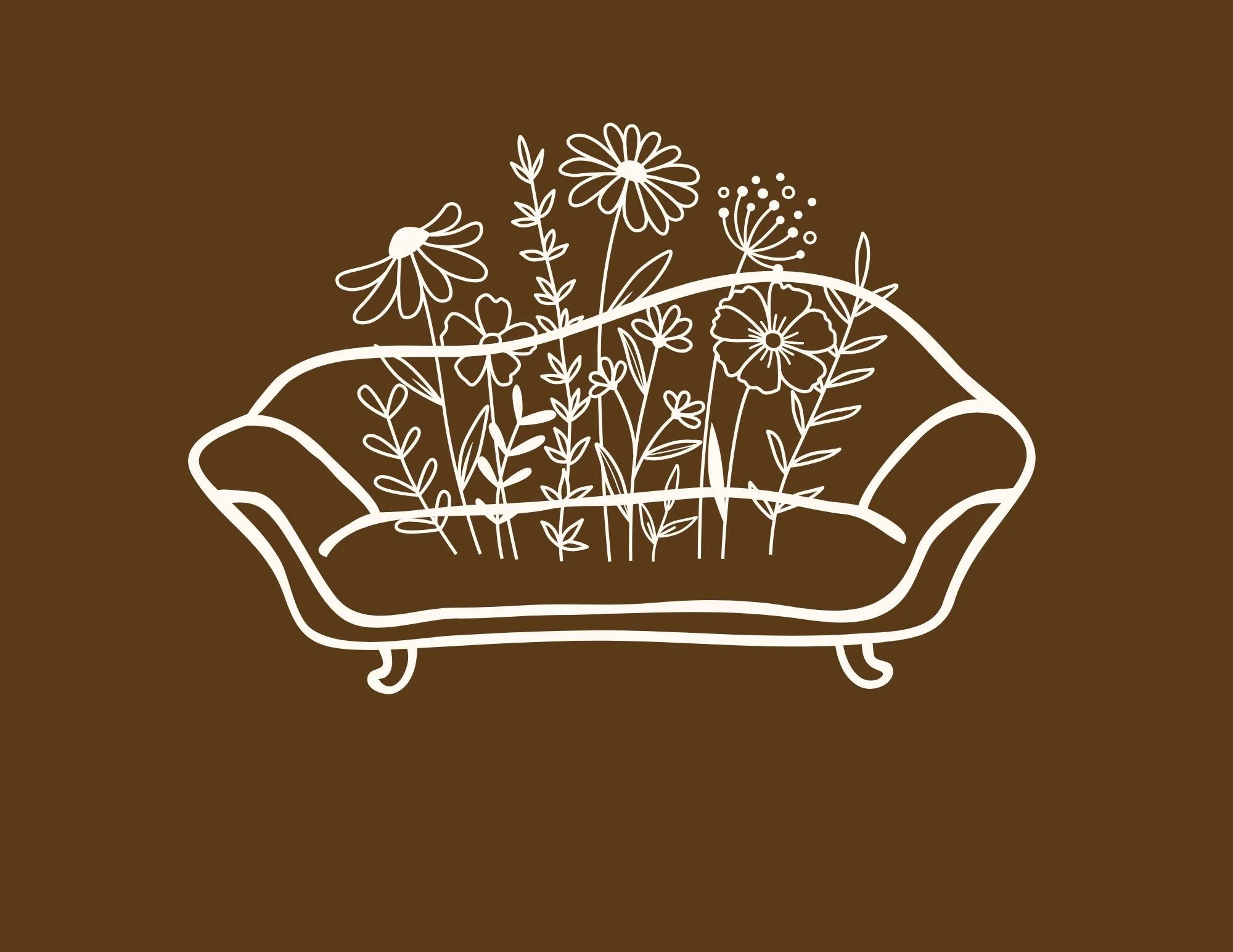 White line drawing of flowers in a vintage clawfoot bathtub on a brown background.