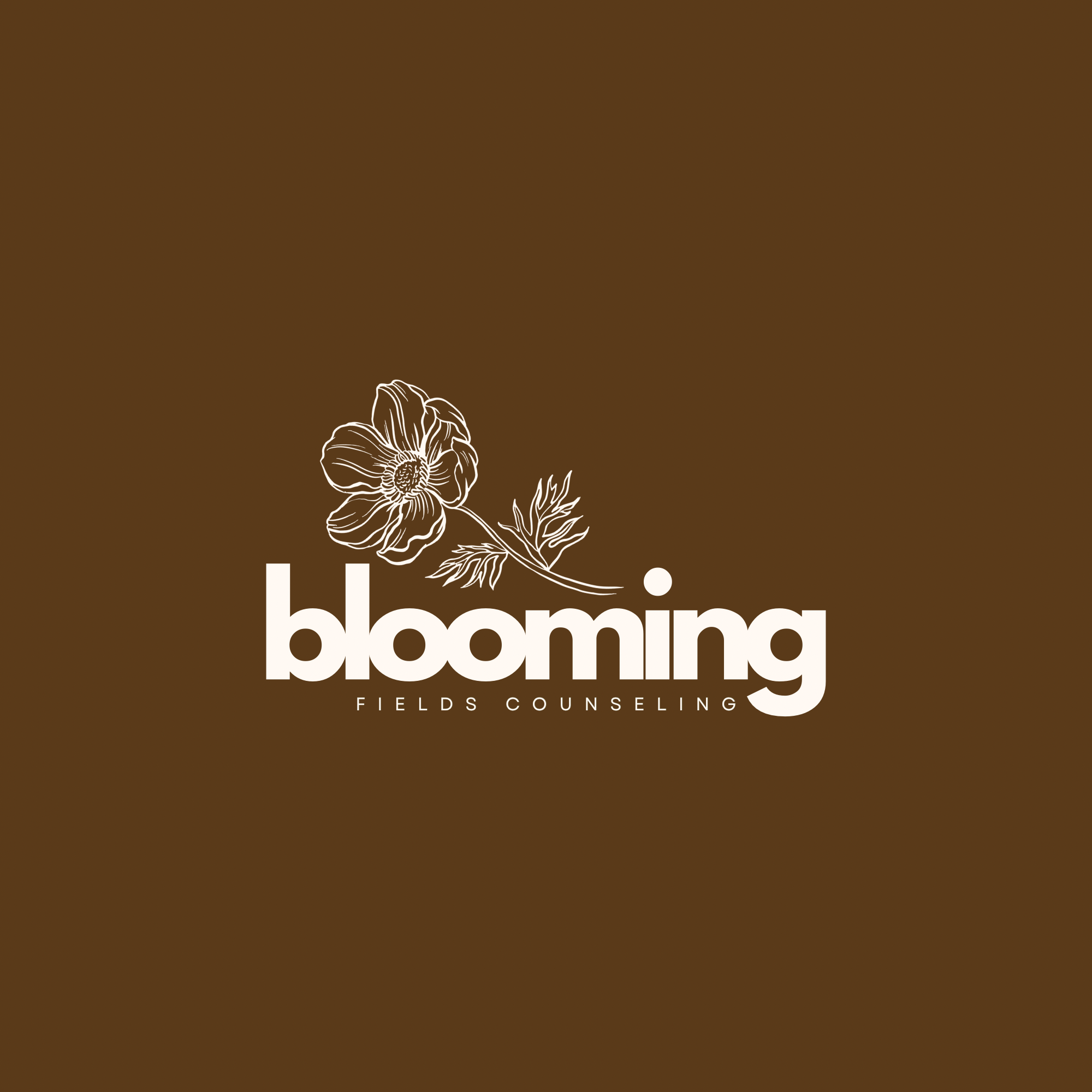 Brown background with white floral illustration and the words 'branding' and 'fields counseling'