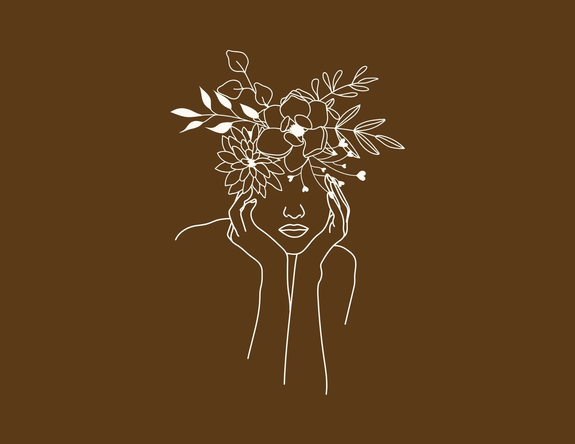 Minimalist line drawing of a woman with her eyes closed, holding her head with both hands, flowers and leaves emerging from her hair against a brown background.