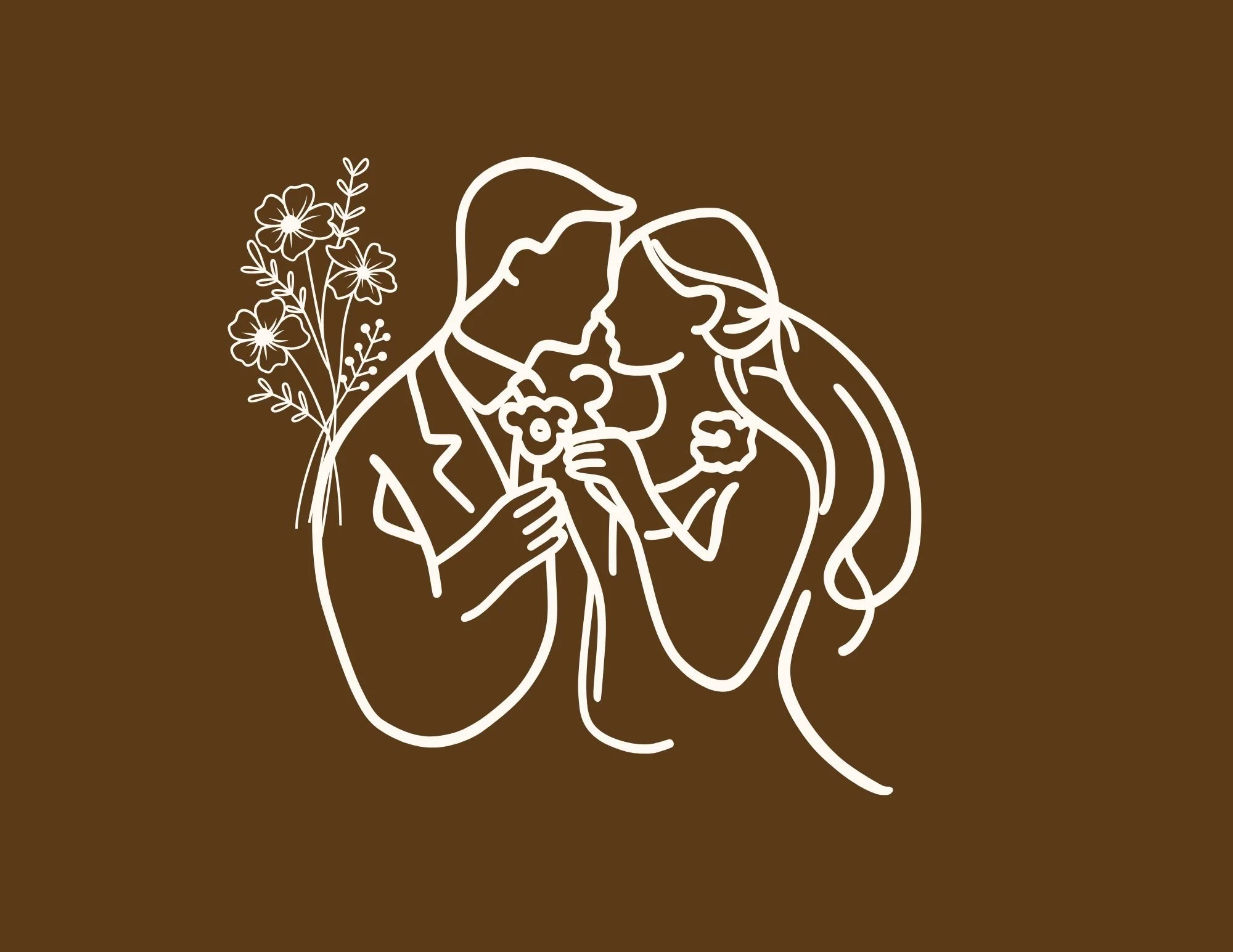 Line drawing of a couple kissing, with a bouquet of flowers behind them, on a brown background.