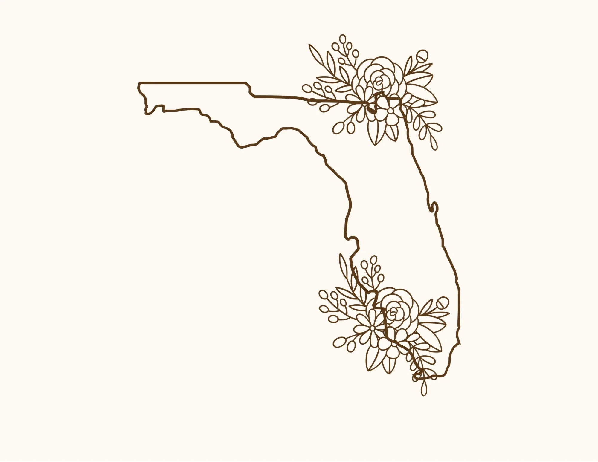 Outline map of the state of Washington decorated with floral illustrations.