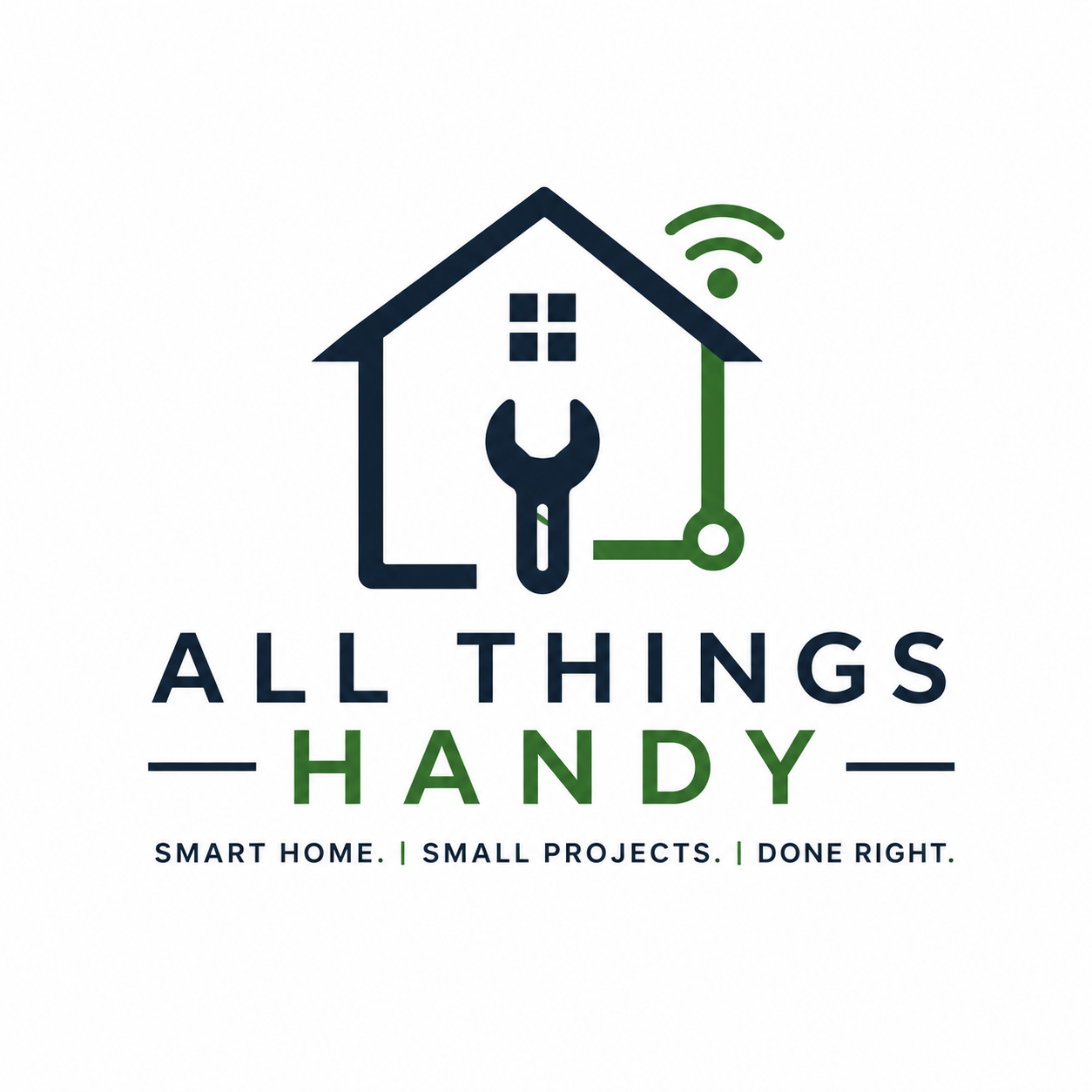 Logo for All Things Handy featuring a stylized house icon with a wrench inside, a Wi-Fi symbol, and text saying "All Things Handy" with the tagline "Smart Home. Small Projects. Done Right."