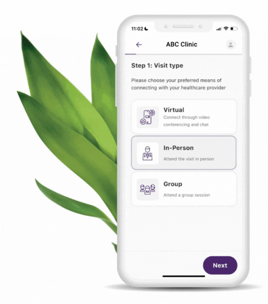 Mobile app screen for ABC Clinic showing options for visit types: Virtual, In-Person, and Group, with a Next button at the bottom.