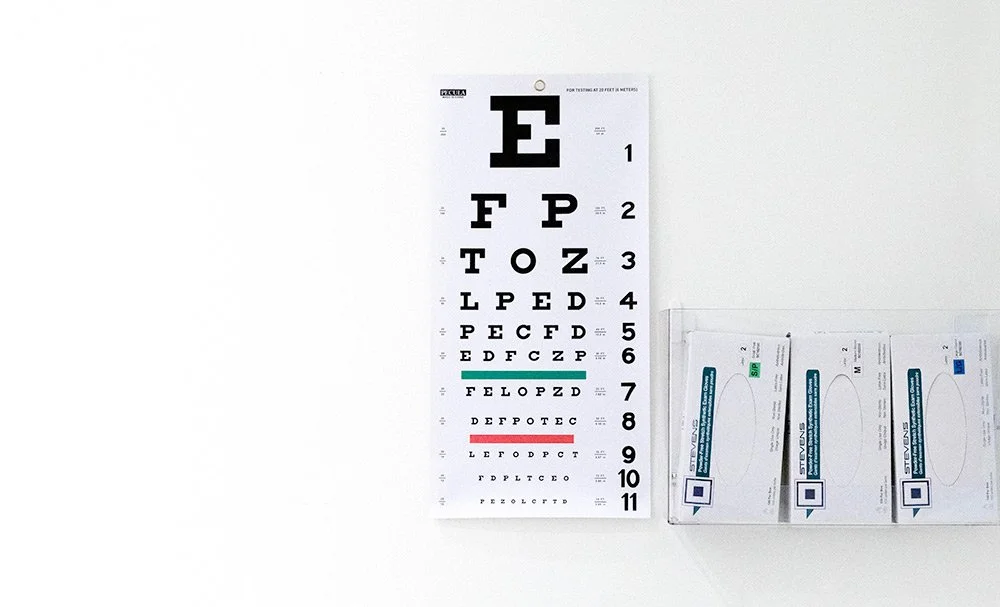 Eye chart with various lines of black letters, used for vision testing, and three eye prescription glasses cards on a white background.