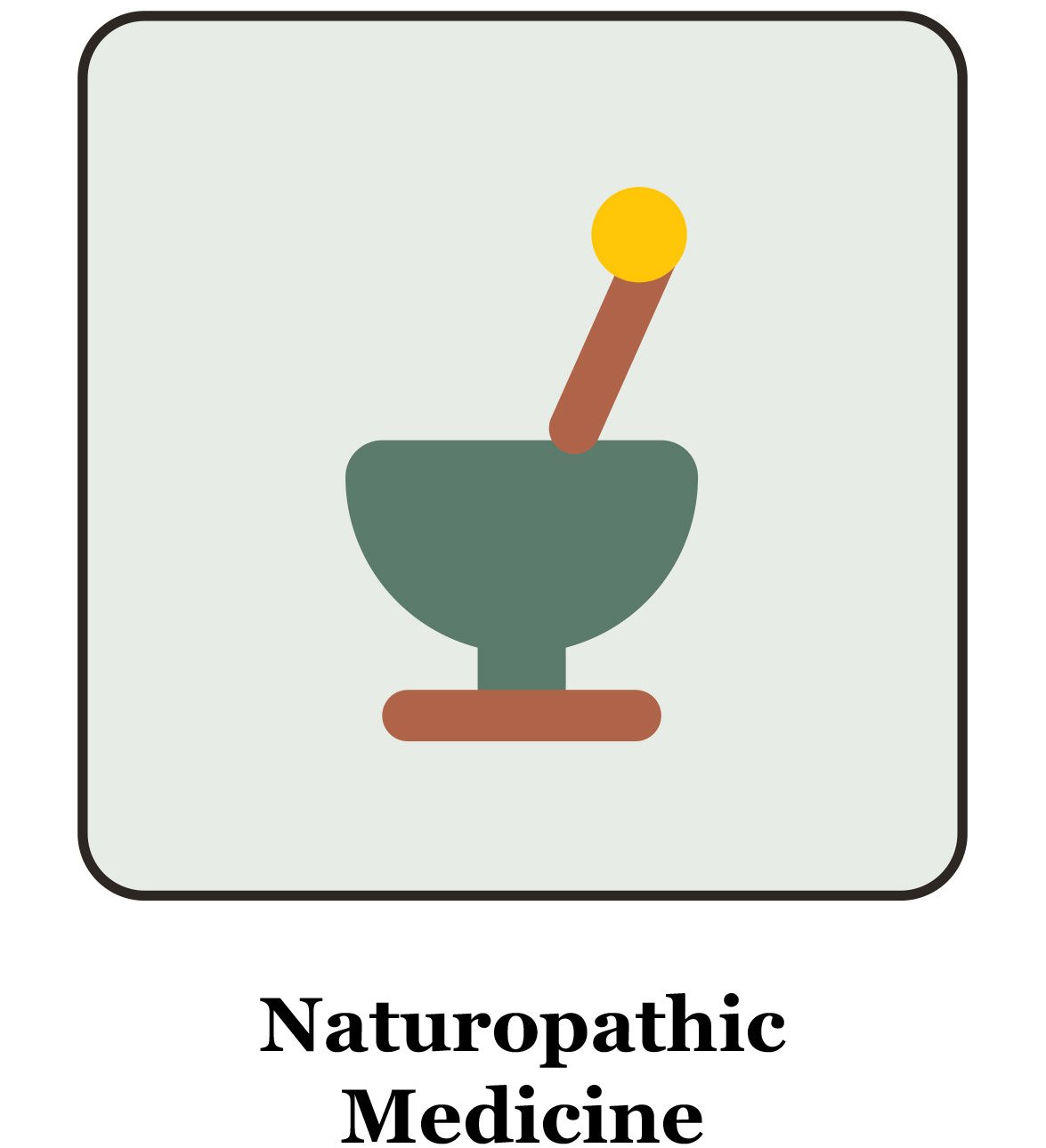 A simple icon of a mortar and pestle with a yellow pill or capsule on top, representing naturopathic medicine.