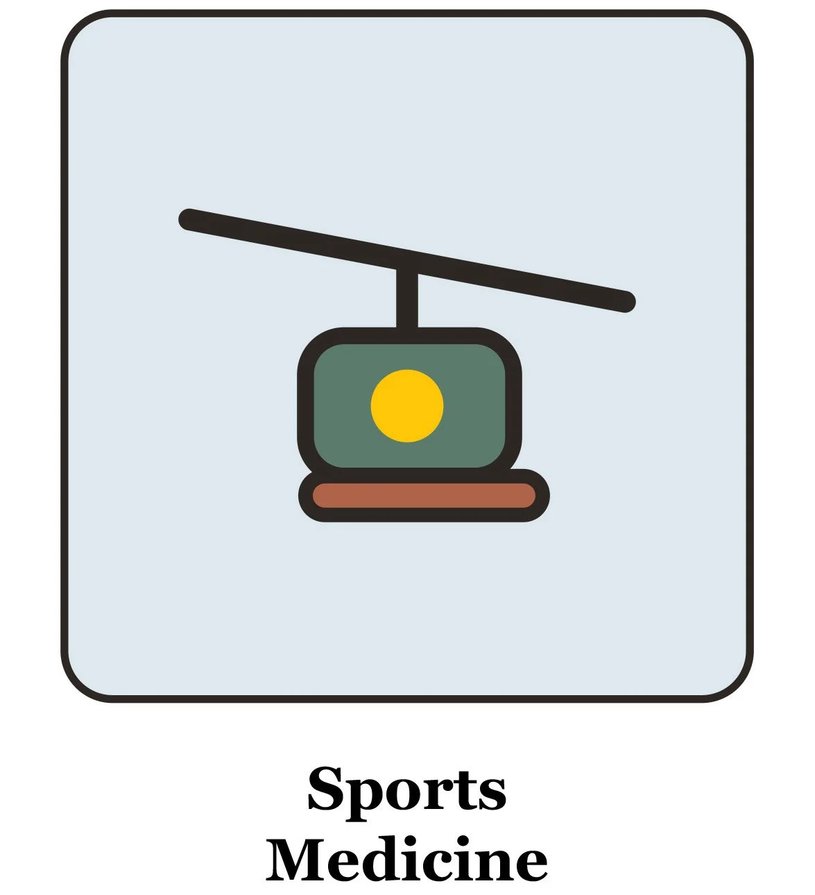 Illustration of a sports medicine device, resembling a helicopter or drone, with a rectangular body, a yellow circle on front, a horizontal line above, and a brown base, labeled 'Sports Medicine'.