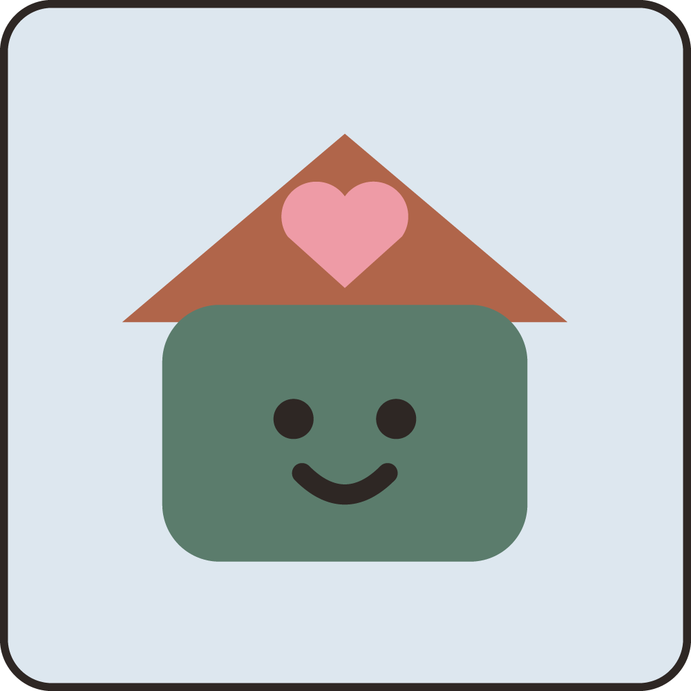 A cartoon illustration of a house with a smiling face, a pink heart on the roof, and a light blue background.