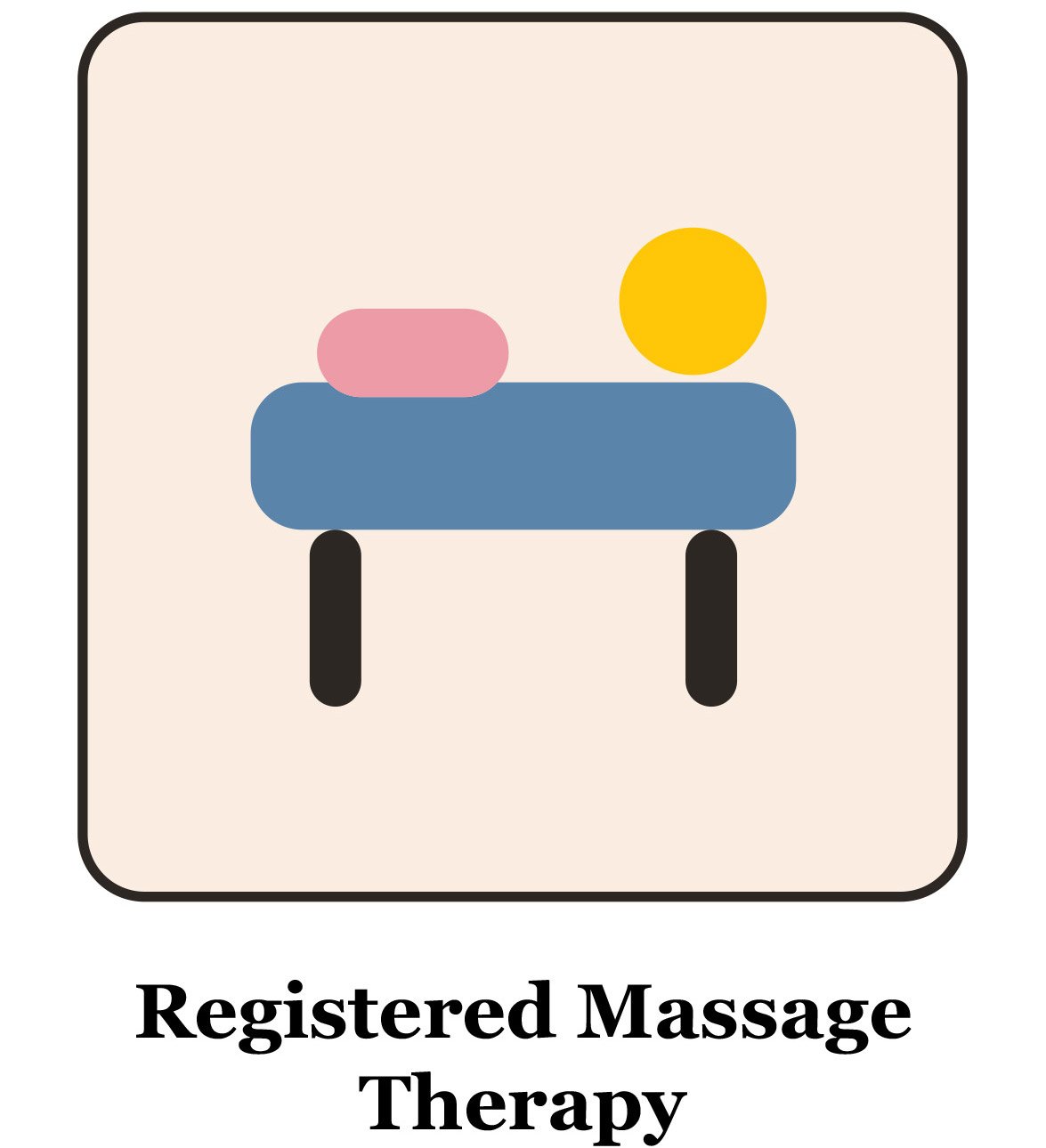 Icon representing registered massage therapy with a stylized massage table, pink pillow, yellow circle, and black legs, on a light background.