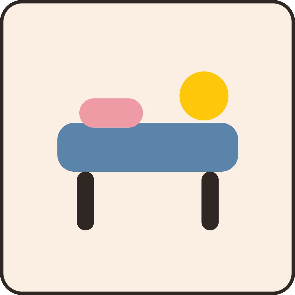 Abstract illustration of a blue table with black legs, a pink object on the left side, and a yellow circle on the right side, on a cream-colored background.