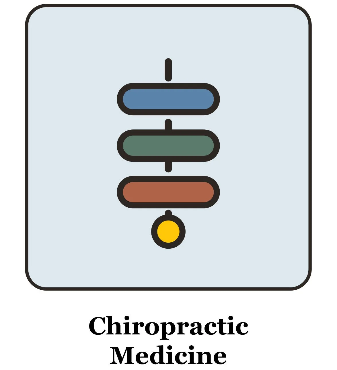 Diagram with colored horizontal bars in blue, green, brown, and yellow, representing the chiropractic medicine logo, with the text 'Chiropractic Medicine' below.