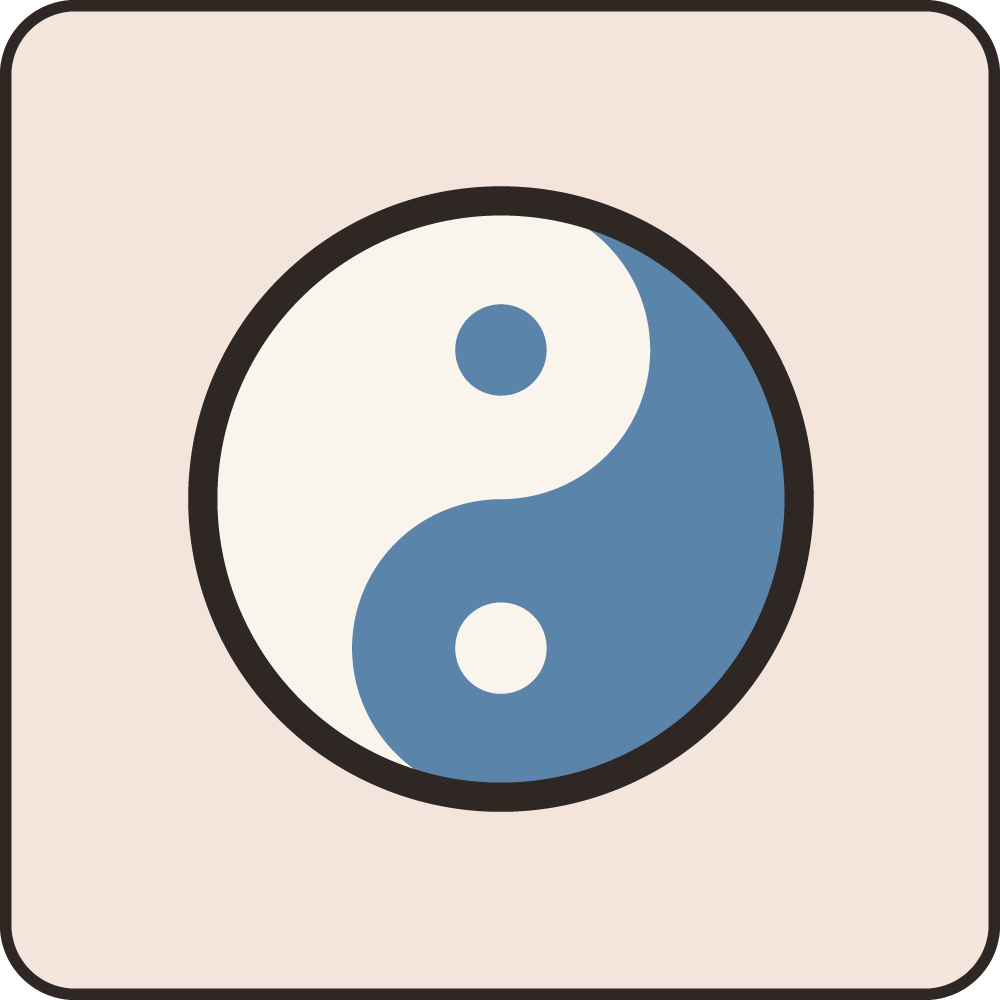 Yin and yang symbol with black and white halves, featuring a small circle of each color in the opposite half.